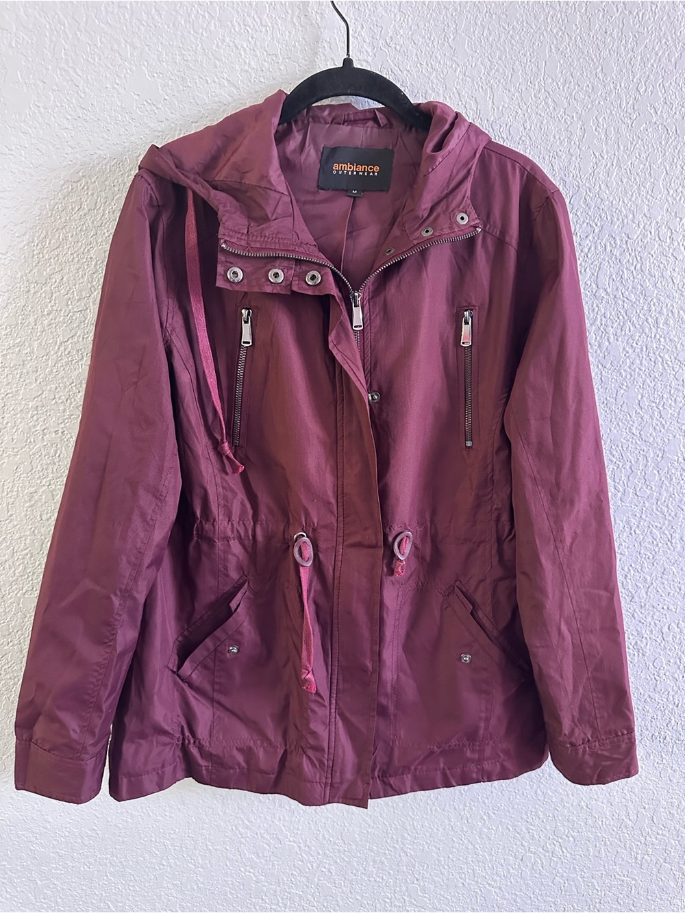 Ambiance Outerwear Burgundy Hooded Cinch Waist Utility Rain Jacket M